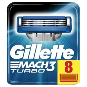 A pack of eight Gillette Mach3 Turbo razor blades for men, featuring stronger-than-steel blades designed for 15 comfortable shaves and a smooth glide.