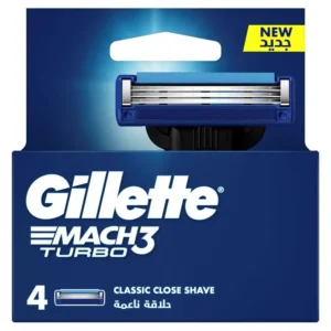 Four Gillette Mach3 Turbo razor blade refills with three anti-friction blades and a comfort guard for a close, comfortable shave.