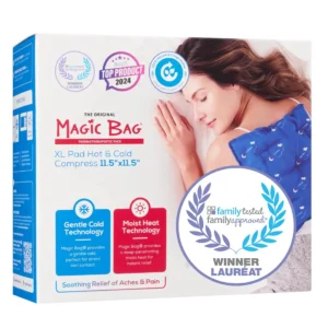 An attractive and soothing blue cotton Magic Bag provides hot or cold therapy for back and shoulder pain relief.