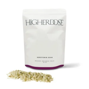HigherDOSE magnesium bath soak with essential oils and apple cider vinegar to help relax muscles, relieve stress, and maintain serotonin levels.