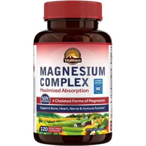 Vitalitown Magnesium Complex featuring four chelated forms for optimal absorption, supporting bone, heart, muscle, immune, energy, sleep, and digestion in a non-GMO formula.