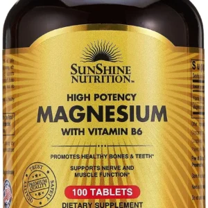 This bottle contains Sunshine Nutrition Magnesium Vitamin B6 tablets, a dietary supplement promoting healthy bones and helping to reduce PMS symptoms such as tiredness, cramps, and irritability, while also supporting healthy blood pressure and metabolic processes.