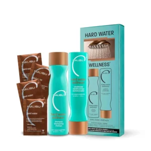 This Malibu C Hard Water Wellness Collection includes shampoo, conditioner and hard water treatments to remove mineral buildup and hydrate dry, damaged hair.