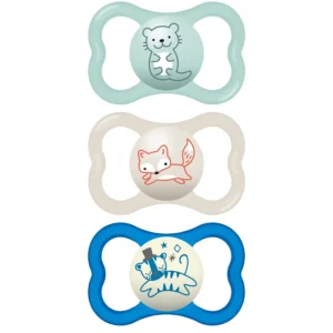 Pack of three MAM Air Day & Night pacifiers designed for sensitive skin and babies 6-16 months, featuring a glow-in-the-dark design for nighttime use and open airflow for comfort.
