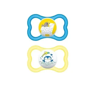 Two MAM Air pacifiers in a sterilizer case, designed for sensitive skin and oral development for baby boys 16 months and older.