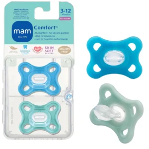 Two MAM Comfort pacifiers designed for newborns and breastfed babies, made from extra-lightweight medical-grade silicone with a breathable curved shield.