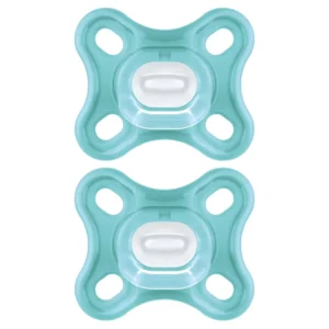Two blue MAM Comfort soothers for newborns aged 0-3 months with a SkinSoft silicone teat in a sterilizing travel case, designed for healthy oral development.