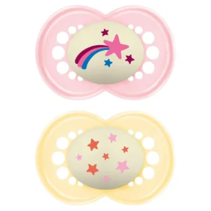 This image shows two MAM glow in the dark pacifiers for babies 6+ months, designed for breastfed babies and featuring a self-sterilizing case for convenient cleaning.