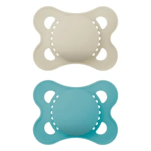 MAM original baby pacifier for boys and girls aged 0-6 months, featuring a symmetrical nipple shape, SkinSoft silicone, self-sterilizing case and ventilated shield.