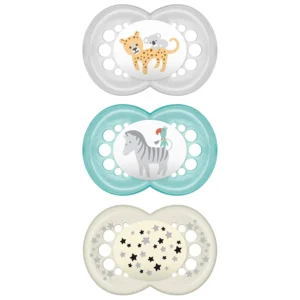 This 3-pack of MAM baby pacifiers includes one glow-in-the-dark pacifier for nighttime and features a SkinSoft silicone nipple designed for healthy oral development in babies 6-16 months.