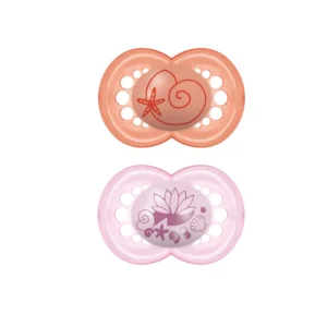 This 2-pack of MAM pacifiers for girls, sized 6-16 months, features a symmetrical shape, SkinSoft silicone, ventilated shield, and sterilizer case to promote healthy oral development and comfortable breathing.