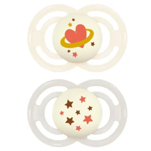 Two MAM Perfect Night pacifiers for babies 16 months and older, featuring a glow-in-the-dark design, orthodontic shape, and self-sterilizing case.