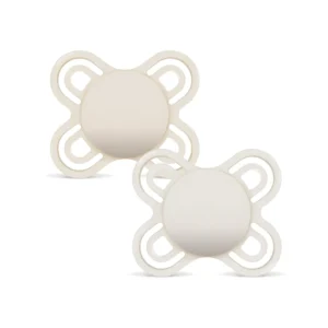 Two neutral-colored MAM Perfect Start pacifiers designed for newborns 0-2 months with extra thin, flexible SkinSoft silicone teats.