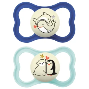 This two-pack of MAM Supreme Night pacifiers, designed for babies 16 months and older, features a glow-in-the-dark design and comes with a sterilizing case.