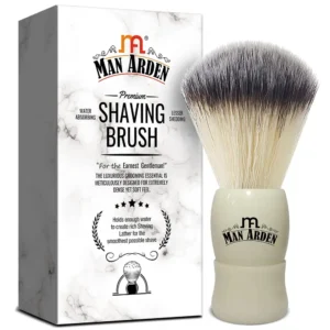 Man Arden Royal White shaving brush with a comfortable long handle and ultra-soft bristles, perfect for creating a rich lather and providing a smooth, cruelty-free shave.