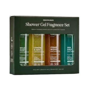 The Mancave shower gel gift set for men includes four 500ml bottles of sulphate-free, vegan-friendly shower gel in Wild Mint, Lemon & Oak, Cedarwood, and Sea Salt fragrances, beautifully packaged in recyclable materials.