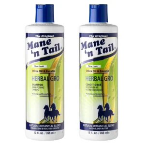Mane 'n Tail Herbal Gro shampoo and conditioner nourish and strengthen hair with olive oil and keratin, improving shine and overall health.