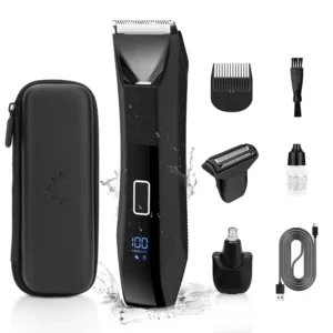 The manscape body trimmer is a 3-in-1 grooming solution for men, featuring interchangeable heads, a travel case, and an LED display.
