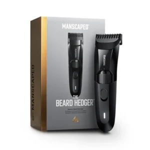 The MANSCAPED Beard Hedger men's trimmer features an adjustable blade wheel and stainless steel T-blade for cordless, waterproof facial hair trimming.
