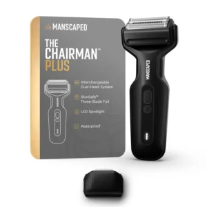 The MANSCAPED Chairman Plus electric foil shaver provides a skin-close shave with its SkinSafe three-blade foil attachment and also includes a precision trimmer for detailing.