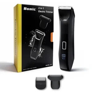 This manscaper trimmer for men is a 2-in-1 body hair groomer with dual-head, no-nick shaving, a travel lock, and an LED display, perfect for grooming pubic and groin hair.