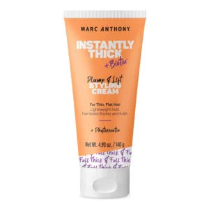 Marc Anthony Instantly Thick+Biotin styling cream thickens thin hair, adding volume, strength, and lightweight hold.