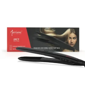 Black Mariani hair straightener with anti-frizz ceramic plates heats up quickly to 480F for salon-quality styling at home or while traveling internationally.