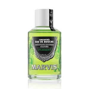 A bottle of Marvis Spearmint Mouthwash provides a super fresh breath, reduces plaque build-up, and promotes healthy oral hygiene with its refreshing peppermint and herb formula.