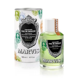 A bottle of Marvis Strong Mint concentrated mouthwash for fresh breath.