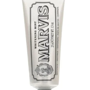 A 25 ml tube of Marvis Whitening Mint Toothpaste, made of quality material, perfect for travel and maintaining a bright smile.