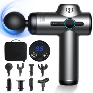 The deep tissue massage gun with 99 speeds and 8 massage heads provides muscle pain relief and quiet relaxation for athletes and family.