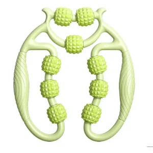 Green massage roller with handle and 9 independent rollers, designed for deep tissue massage of legs, arms, and muscles, promoting blood circulation and relieving stiffness.