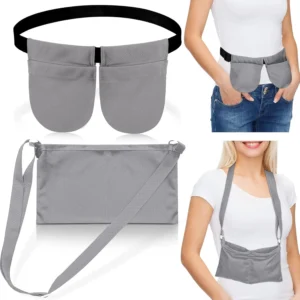 Gray mastectomy drain pouch with adjustable waist belt and shower bag provides comfortable and convenient support for post-surgery recovery and holds drain bottles securely.