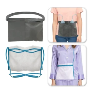 Black mastectomy drainage pouch holder designed with two pockets for comfortably and securely holding surgical drains after breast surgery, allowing for easier showering and recovery.