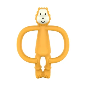 The Matchstick Monkey Ludo Lion teether, designed for babies 3 months and older, offers multisensory stimulation and gum massage with its soft silicone and easy-to-grip design.