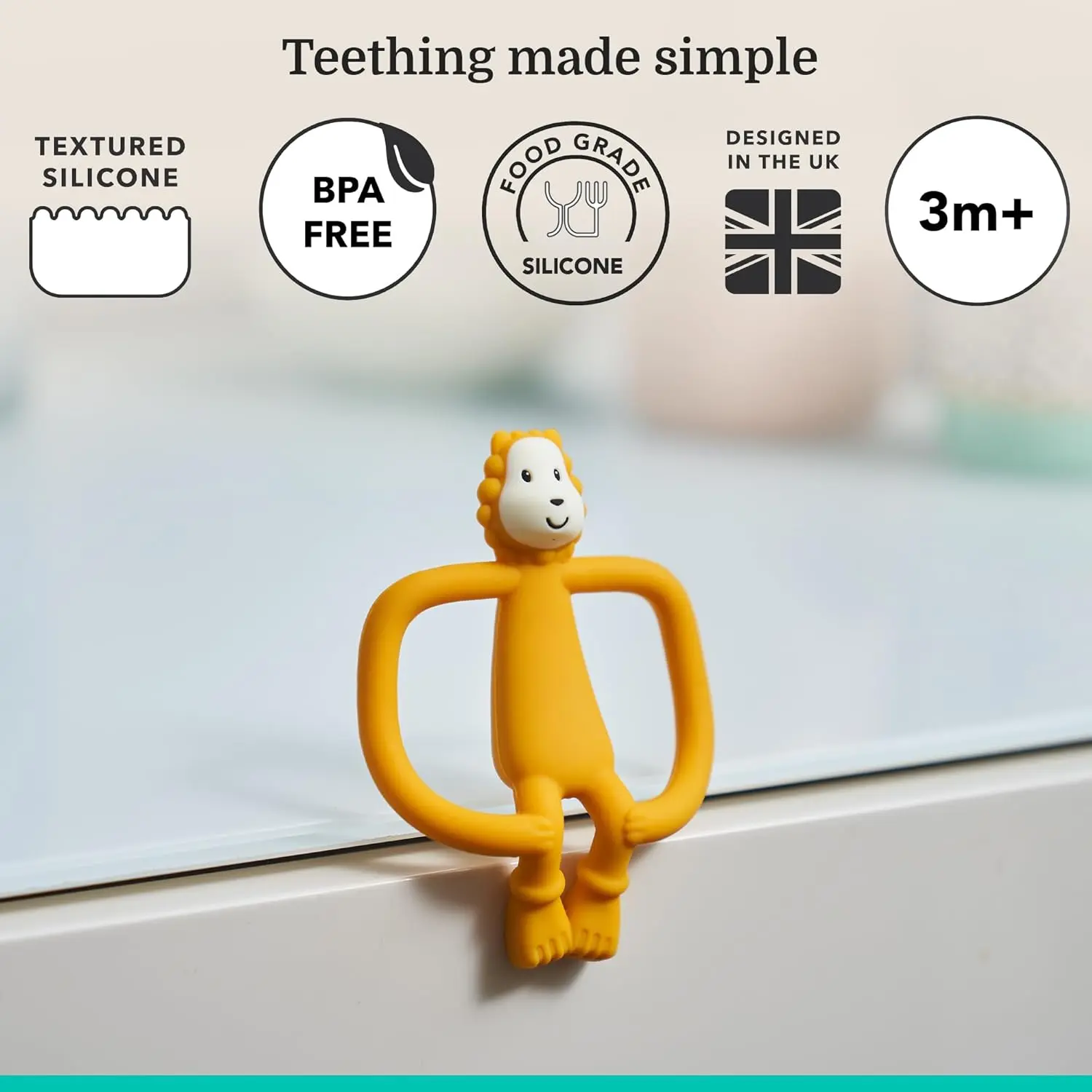 The Matchstick Monkey Ludo Lion teether, designed for babies 3 months and older, offers multisensory stimulation and gum massage with its soft silicone and easy-to-grip design.