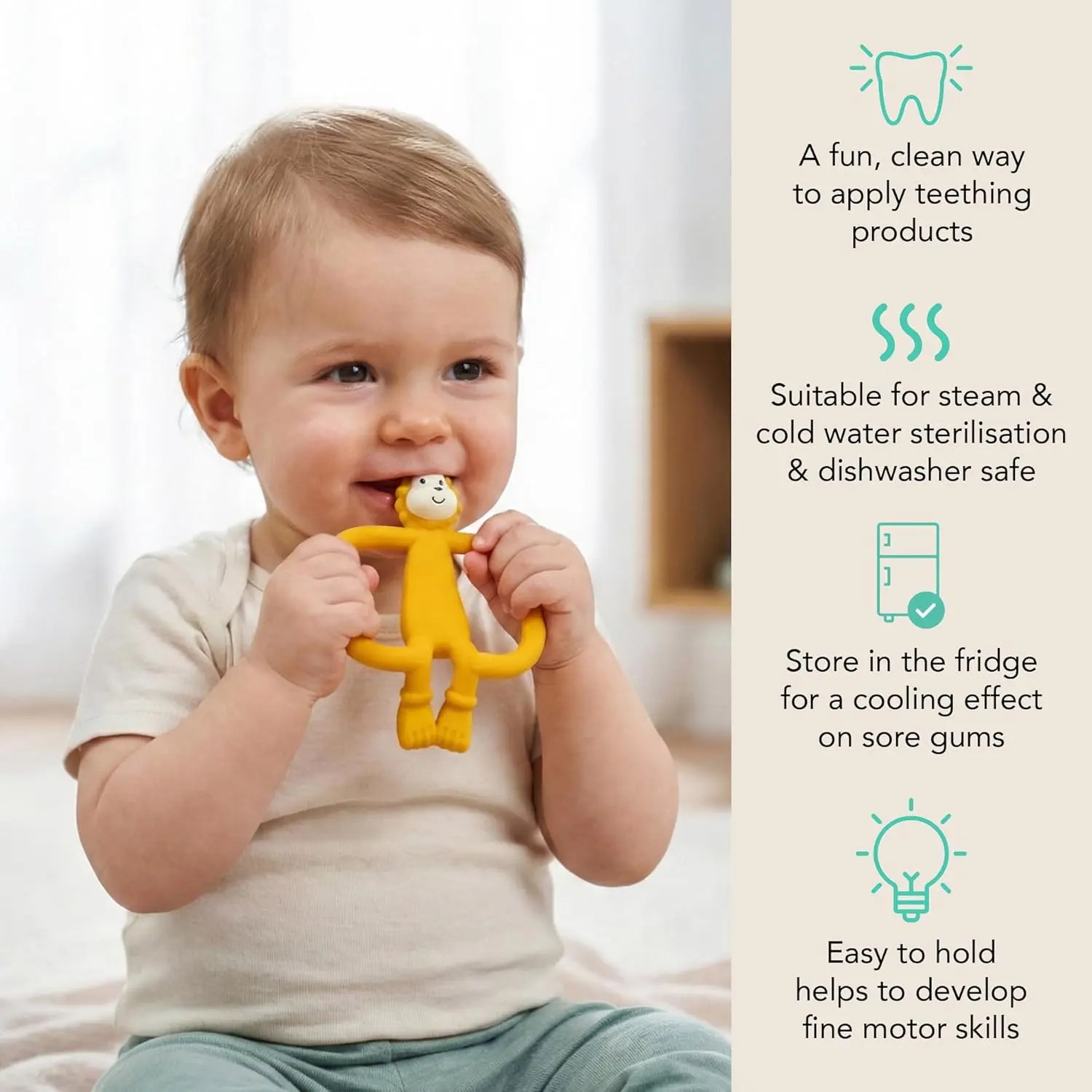 The Matchstick Monkey Ludo Lion teether, designed for babies 3 months and older, offers multisensory stimulation and gum massage with its soft silicone and easy-to-grip design.