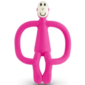 A pink Matchstick Monkey teether toy made from food-grade silicone with antimicrobial protection, designed to soothe baby's gums and make teething pain-free.