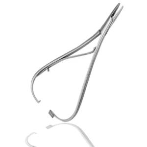 Close-up of stainless steel Mathieu elastic placing pliers, an orthodontic instrument with serrated tips, ideal for gripping and placing elastics and holding wires.
