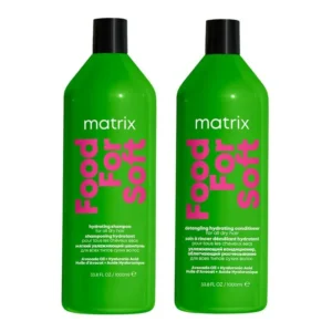 Matrix Food For Soft duo featuring hydrating shampoo and detangling conditioner with avocado oil and hyaluronic acid, designed to nourish and moisturize dry hair.