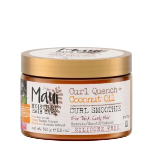 Maui Moisture coconut oil curl smoothie defines and hydrates thick, curly hair, leaving it soft, smooth, and frizz-free for natural styles.