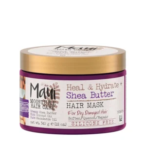 A 12-ounce container of Maui Moisture Heal & Hydrate + Shea Butter Hair Mask designed to deeply quench, nourish, and repair dry, damaged, curly hair, leaving it softer with fewer split ends.