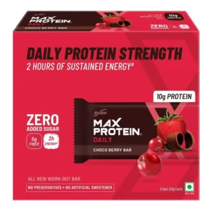 RiteBite Max Protein Choco Berry bars provide sustained energy with 10g of protein, 5g of fiber, vitamins, and minerals, making it a healthy and delicious no-sugar-added snack.