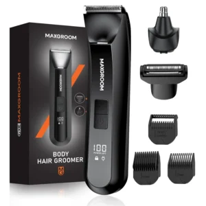 The MAXGROOM 3-in-1 body hair trimmer for men features interchangeable heads for trimming, shaving, and detailing, including a precision body trimmer, a foil shaver, and a nose trimmer, designed for safe and gentle grooming with an LED light for precision.