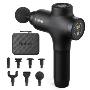 The Mebak 3 massage gun offers deep tissue percussion massage for athletes and anyone seeking muscle pain relief in their back, shoulders, legs, and body.