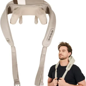 The Mebak N1 neck massager provides deep tissue kneading massage with heat for pain relief in the neck, shoulders, back, legs, and waist, suitable for home, office, or car use.