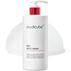 medicube Red Acne Body Wash with salicylic acid and niacinamide gently exfoliates and hydrates acne-prone skin, clinically tested for sensitive skin with a natural scent.