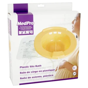The MedPro plastic sitz bath sits on a standard toilet bowl, offering a comfortable and durable solution for postpartum care and hemorrhoid relief with its included tubing and 2000 cc water bag.