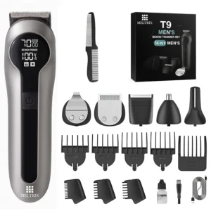 The Meltrix 14-in-1 trimmer is a complete grooming solution with multiple heads, LCD screen, travel lock, and USB-C charging for convenient body and beard trimming.