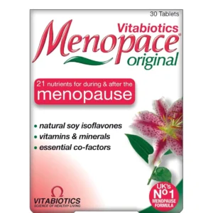 Menopace Vitabiotics supplement with soy isoflavones provides vitamin B12, thiamin, vitamin C, magnesium, zinc, and vitamin D for hormone regulation, nervous system function, collagen formation, and bone maintenance, available in a 30 tablet pack.